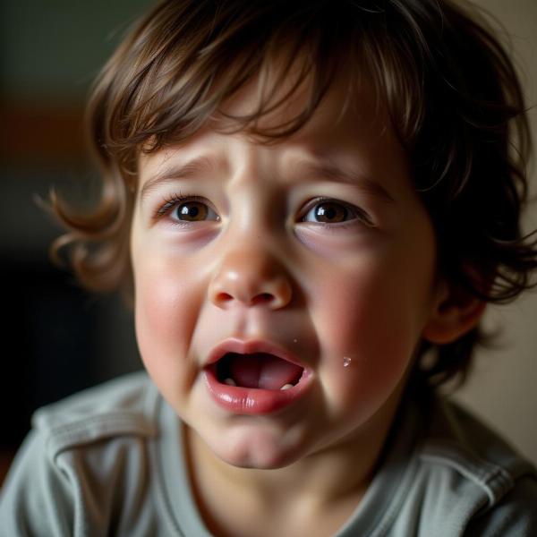 Uma criança pequena está chorando, com os olhos cheios de lágrimas e expressão triste.