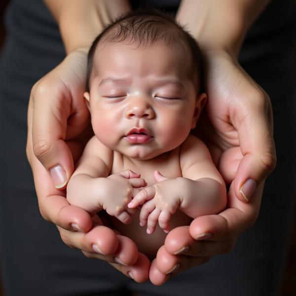 Duas mãos acolhendo um bebê, simbolizando a necessidade de proteção e cuidado em um sonho com bebê abandonado.