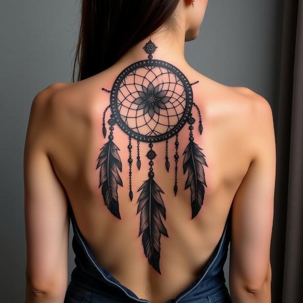 Tatuagem feminina grande de filtro dos sonhos nas costas.