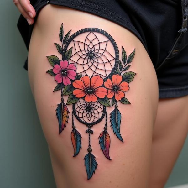 Tatuagem filtro dos sonhos com flores