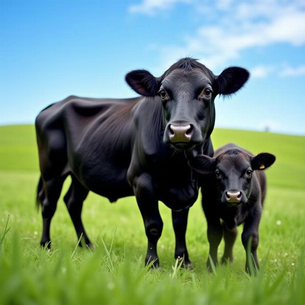 Vaca preta com bezerro em um campo verdejante